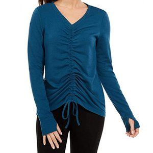 Ideology Teal Long Sleeved Ruched Drawstring workout top shirt Thumb holes M L